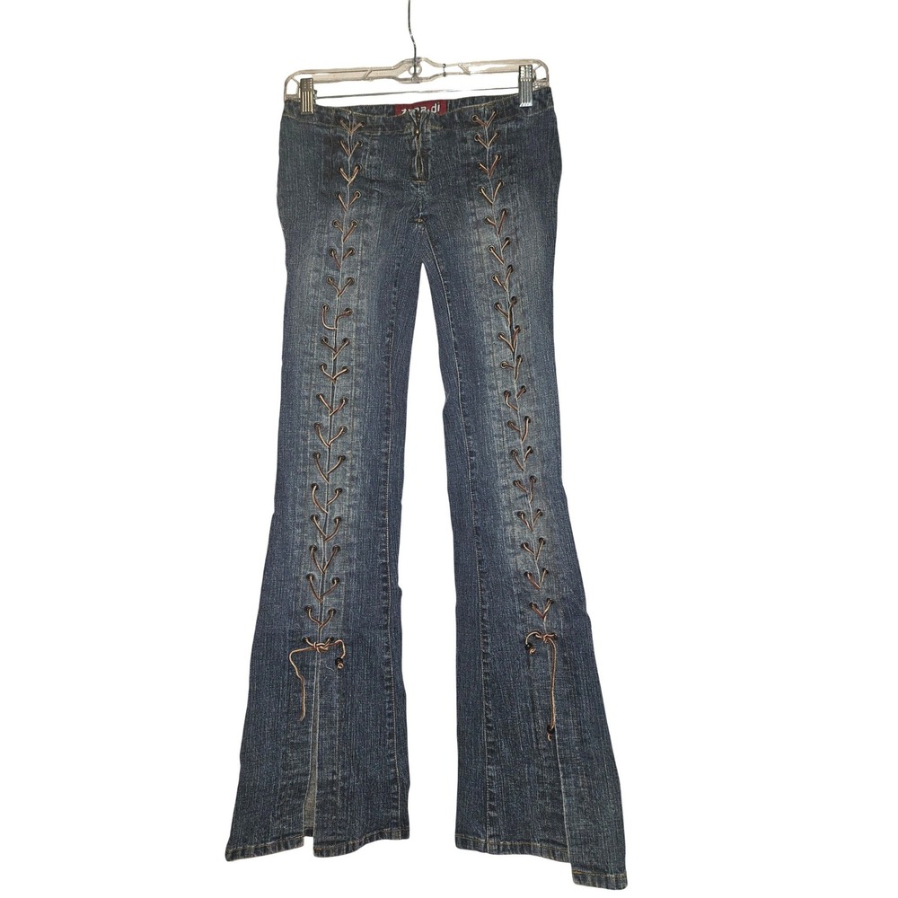 Zana-Di Womens Low Rise Lace Up Front Flare Jeans Dark Wash Y2K Blue Size 9
